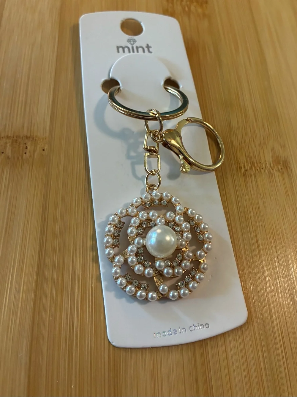 Mint Gold-Tone Pearl & Crystal Floral Keyring Charm